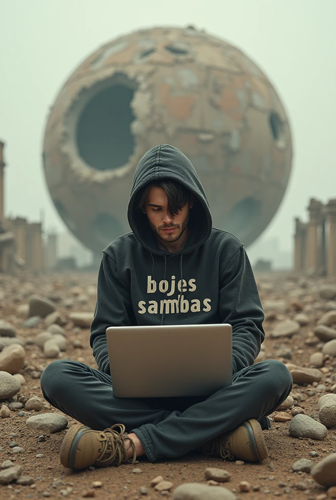 Draw a picture of a post-apocalyptic scene where a handsome man, wearing a hoodie with "bojes sambas" written on it, emo-style hair, sits in the middle of ruins, using a laptop. Behind the man, there was a large spherical structure that appeared damaged and fragmented, giving off an impression of decay and abandonment. The atmosphere is dusty and the color palette is muted to enhance the dystopian feel, 34k ultra full HD.