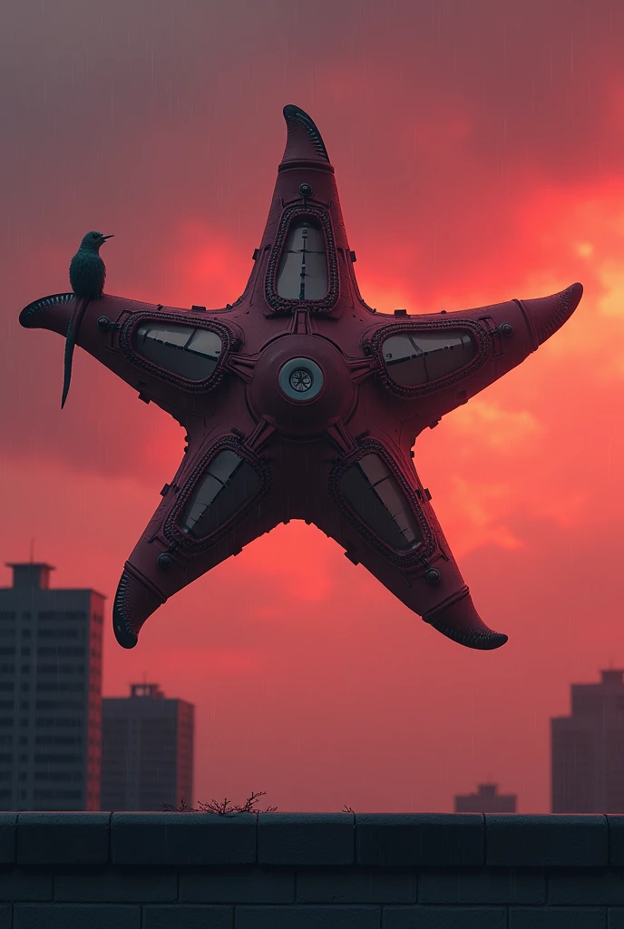 Photorealistic flat small 5 armed flying starfish on the sky, very short 5 flat arms starfish shaped small flat object that is seen from below, with background of red tones rainy cloudy sky, the sky is in dusk and is a tiny rain drops in the red tones cloudy sky, the body of flying starfish is flat and have a 5 short flat arms, the object have a dry starfish shape, the color of the flat object is dark red, the object are made of fractal shapes, with rectangular and mechanical patterns, the design of the shapes, the central structure of the object is flat, the structure of the starfish object is flat with soft borders, the texture of the object are similar to a dmt psychedelic trip, the arms of starfish are short, small and have a technological texture, on the top of ufo there is a small short living tentacle making visual recognize of terrain, the object is only visible from below, the starfish object is small, all the sighting ocurred in my roof. In my roof there is a gray brick wall in all the front view, above this wall is the flying starfish