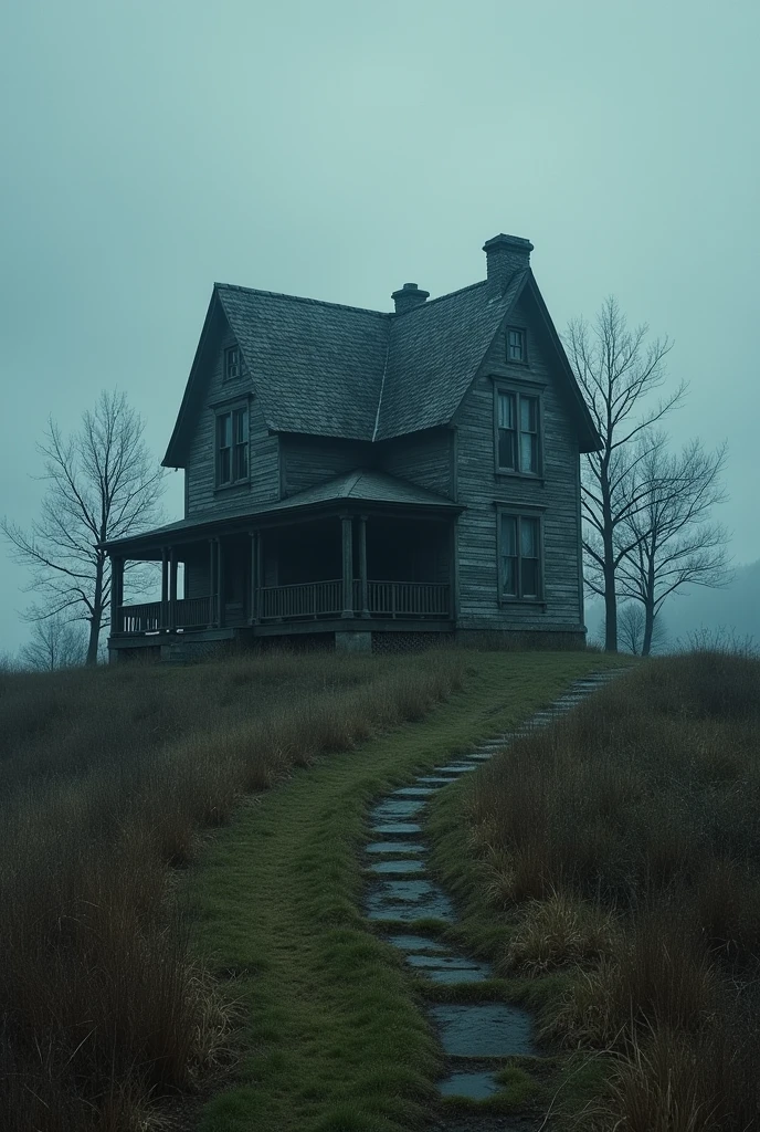 An old, gloomy house on top of a hill