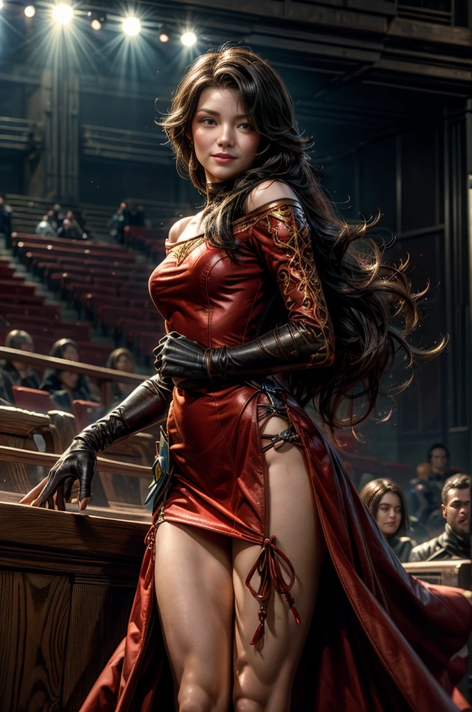 (masterpiece, best quality:1.2), cowboy shot, solo, 1girl, cinder fall, evil smile, looking at viewer, long hair, red dress, elbow gloves, pantihose, future_urban, standing in theater, orchestra, audience, crowd, (volumetric lighting), intricate details, tonemapping, sharp focus, hyper detailed