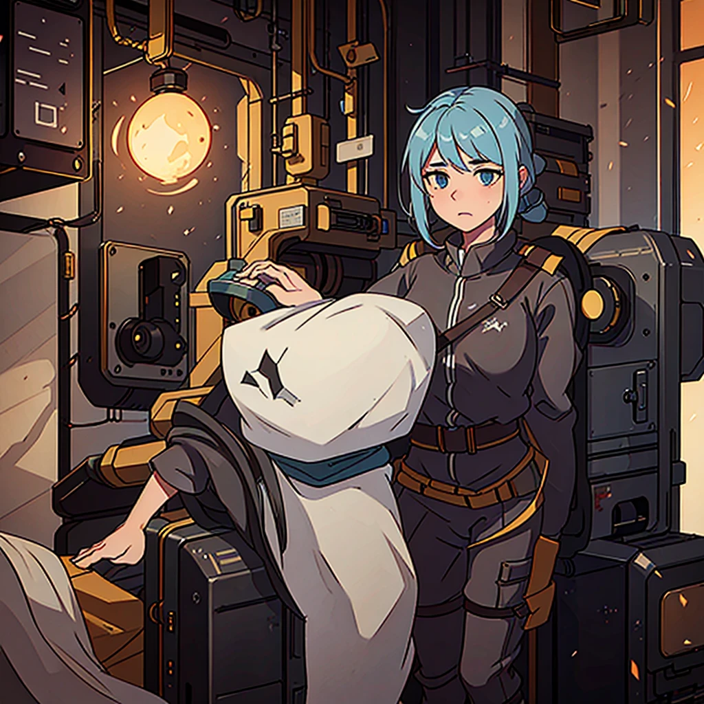 Machinist wearing a combat tunic, making a huge steamship