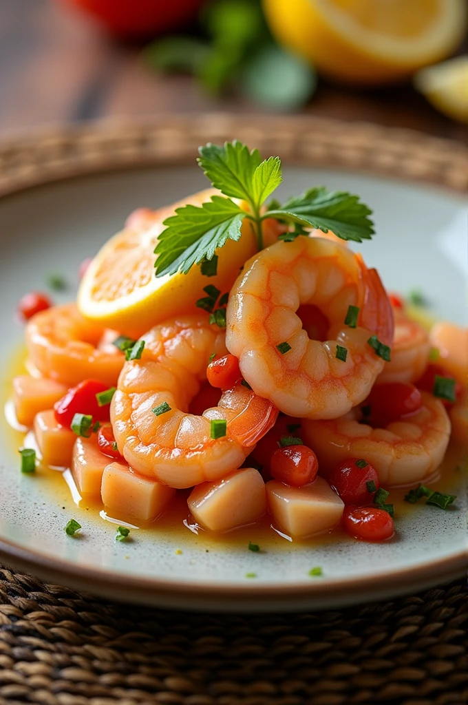 Professional plating of a shrimp shot in Ecuadorian jipijapa ceviche