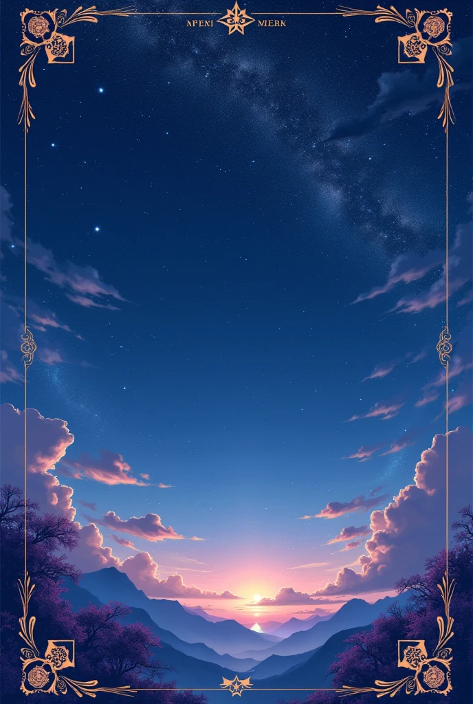 Create a romantic and empty starry sky background for your letter, add references to Japan and references to acai fruit and references to tarot cards (all references on the sides of the image).