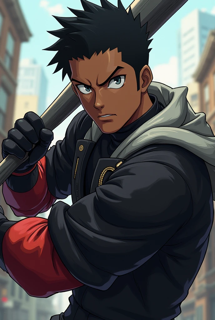 Metal bat From the anime One Punch Man style anime character, black guy, Short black hair for profile picture For YouTube , Closer to the camera, Anime Cartoon Style