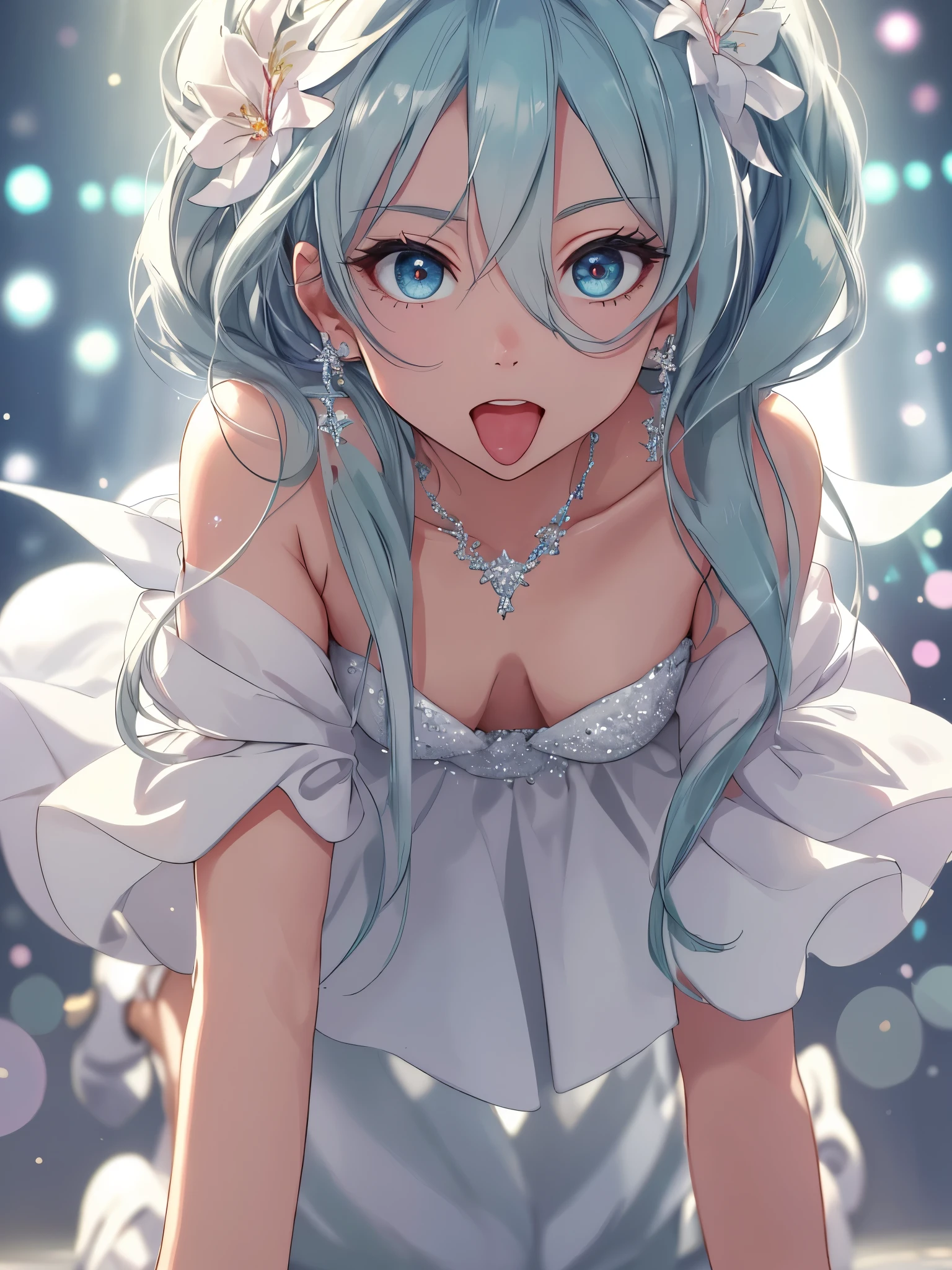 masterpiece, highest quality, figure, alexandrite eyes and hair, platinum earrings, Platinum Necklace, white dress, The Little Mermaid, cute, (dynamic lighting:1.2), cinematic lighting, delicate features, fine eyes, sharp pupils, realistic student, Depth of bounds written, Bokeh, sharp focus, (very detailed, bloom, shine:1.4), Many Small Gems, hatsune miku, wear school, on all fours, showing the tongue, big tits