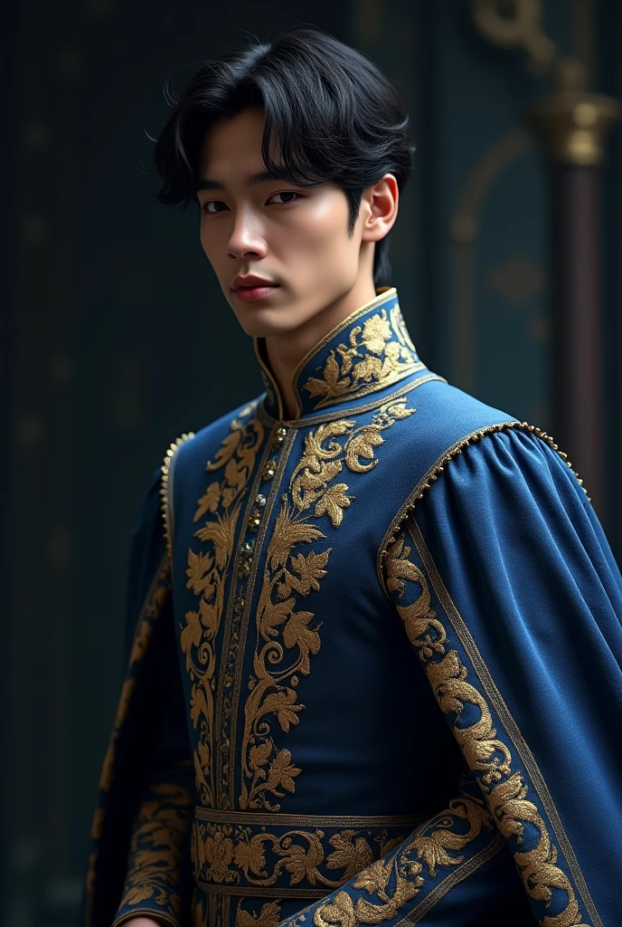 Image of BTS&#39;s Jimin dressed as royalty, very elegant, colored and blue, black for his bestiary, shirt with royal designs 