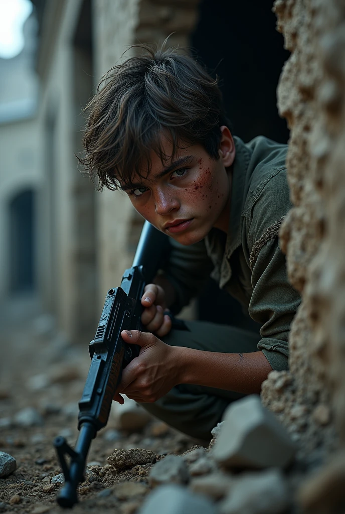 (raw photo, best quality) , (Realistic, photo-realistic: 1.3), Extremely formidable, general plan, masterpiece, ultra-detailed, high resolution, Best illustration, best shadow, complex, depth of field, war, war, Scary, Scary, Lonely, Man 1 (male), 19 years old, brown and dirty hair, torn clothes, injuries on his body, marks on his face, ruined environment, the boy is hiding behind a destroyed wall, he is standing on two legs, he holds a weapon in his hand, He tries to look behind the wall to see if there are people, volumetric, 8k, DSLR, high quality, (film grain: 1.4), Fujifilm XT3, Night, night