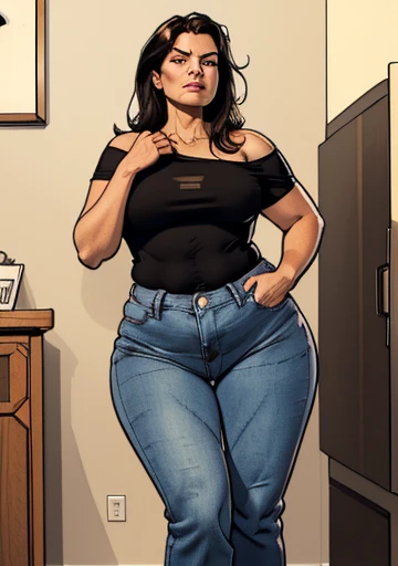 ((Overweight Mature Woman, 45 years old, Latina, brown, long black hair, wide face, some wrinkles, big brown eyes, wide nose, big mouth, black dot sign near mouth upper right side, short shoulders, medium sized breasts, big torso, fat belly, big wide hips, big ass, little defined big legs, short height)), ((wearing flare jeans, shirt)), (indoors, modern minimalist decor), ((Full body photography)), drop shadow, vignetting, UHD, masterpiece, anatomically correct, textured skin, super detail, high details, high quality, award winning, best quality, highres, (((Well-drawn eyes, not squinting))), (((well-drawn face, not deformed)))