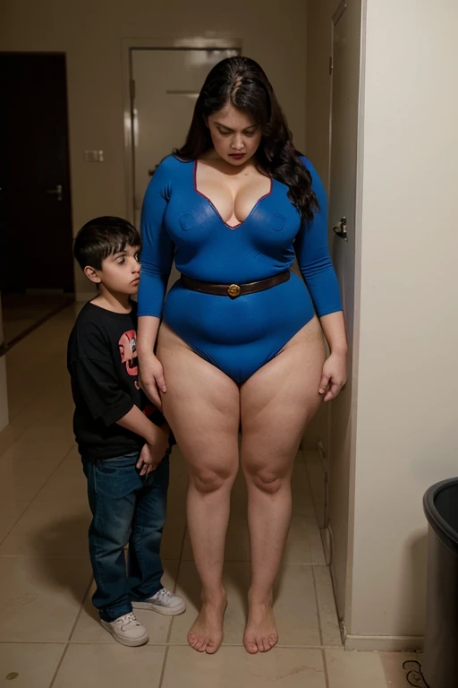 superheroine is standing drugged and paralyzed next to a litull body, mature bbw, sive andhausted, urinating and defecating standing, urinated vagina,