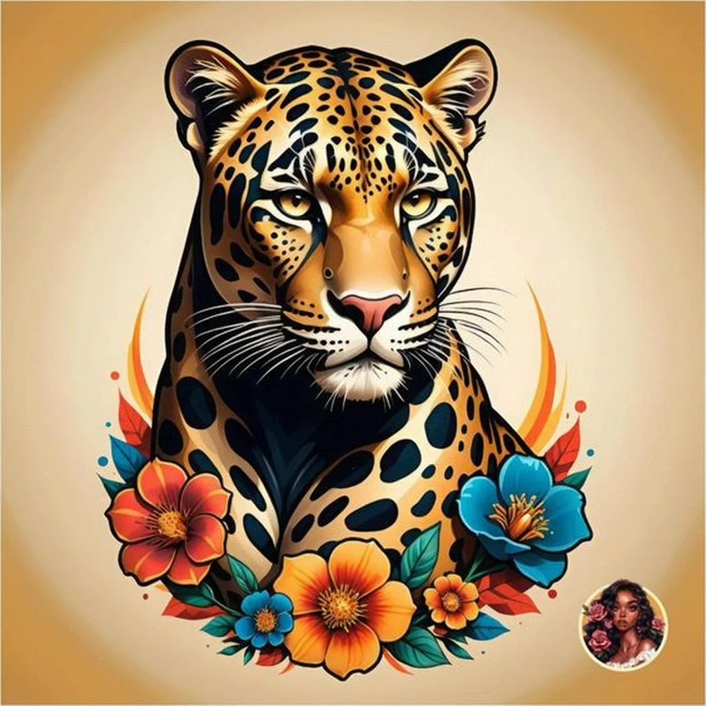 Create a fantastic Amazonian jaguar,inside a frame made of flowers. A mix of jaguar and tiger,leopard spots on the face, flowers in the head, sunflower, lilies, daisy, roses, color full, rainbow colours,spectacular, vibrant, no signature, no watermark,t-shirt art