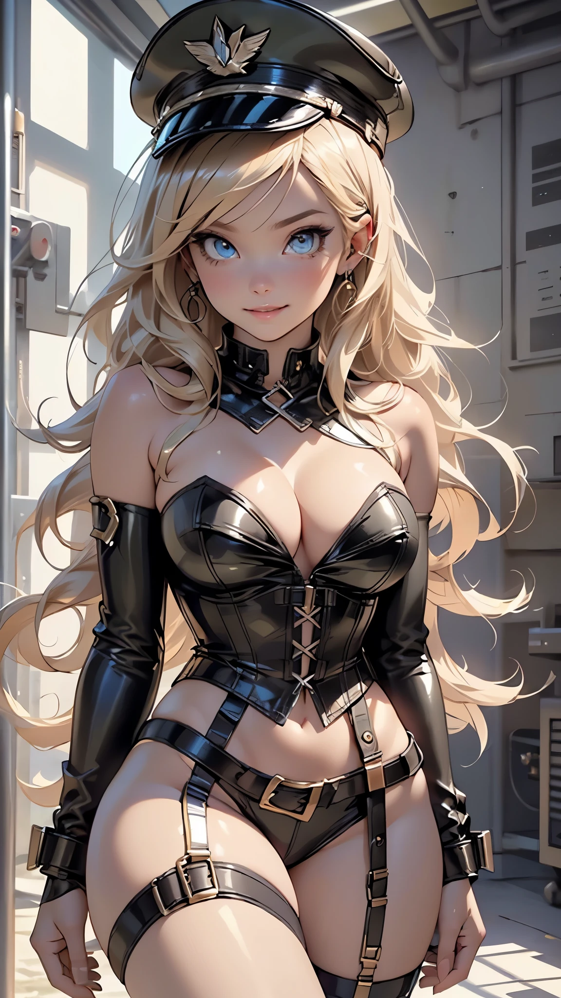 1girl,

(huge breasts:1.4),((((Blonde hair, straight hair, very long hair, very long blonde hair)))),(((blue_eyes:1.3))),intricate eyes,beautiful detailed eyes,symmetrical eyes,((((lustrous skin:1.5,tanned skin,bright skin: 1.5,skin tanned,shiny skin,very shiny skin,shiny body,Reflective skin)))),(bimbo,spider lower abdomen,narrow waist,wide hip,athletic body,inflated legs,thick thighs,(detailed face)),beautiful detailed lips,

cute,slutty,sensual,seductive look,seductive,((erotic)),opulent,sumptuous,((nsfw)),

(military officer cap, black cap with gold,peaked cap,military hat),((bustier,strapless,dominatrix, latex corset,red arm belt,thong,g-string)),(highleg panties,corset),eyeliner,(bare shoulders),

(flirtatious pose:1.3), looking at viewer,evil grin,evil smile,centered,scale to fit dimensions,Rule of thirds,

indoor((Nazi bunker,room, dark bunker, swastika,depths of a steampunk bunker)),scenery:1.25,((intricate scenery)),

(Glossy steampunk ornaments),highres,sharp focus,(ultra detailed,extremely detailed),(photorealistic artwork:1.37),(extremely detailed CG unity 8k wallpaper),(((vibrant colors,vibrant theme))),(intricate),(masterpiece),(best quality),artistic photography,(photography taken by sldr),(intricate background),perfect rendered face,perfect face details,realistic face,photo realistic,((intricate detail)),(((realism))),
