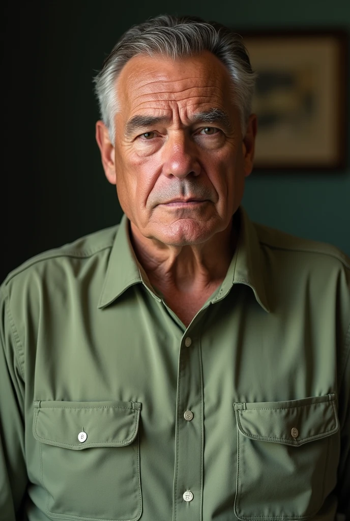 65 years old, tall and strong like a marathon runner, although the years he had spent cooped up in a room had made him accumulate excess pounds. He was wearing a poorly ironed light green dress shirt., hair was cut in military style. The expression lines above his lips indicated that he was a smoker and those around his eyes, who liked to laugh. Caucasian skin, high cheekbones, long and straight nose, square jaw and strong chin.
create an image of the character above with a serious expression