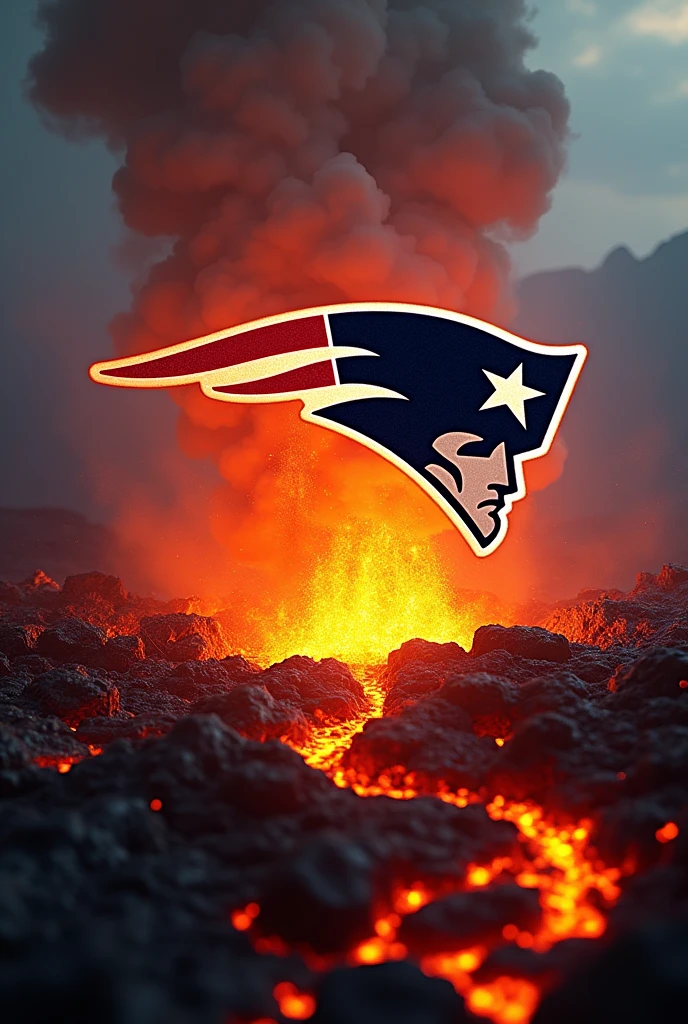 New England Patriots logo on fire coming out of a volcano crater filled with burning lava