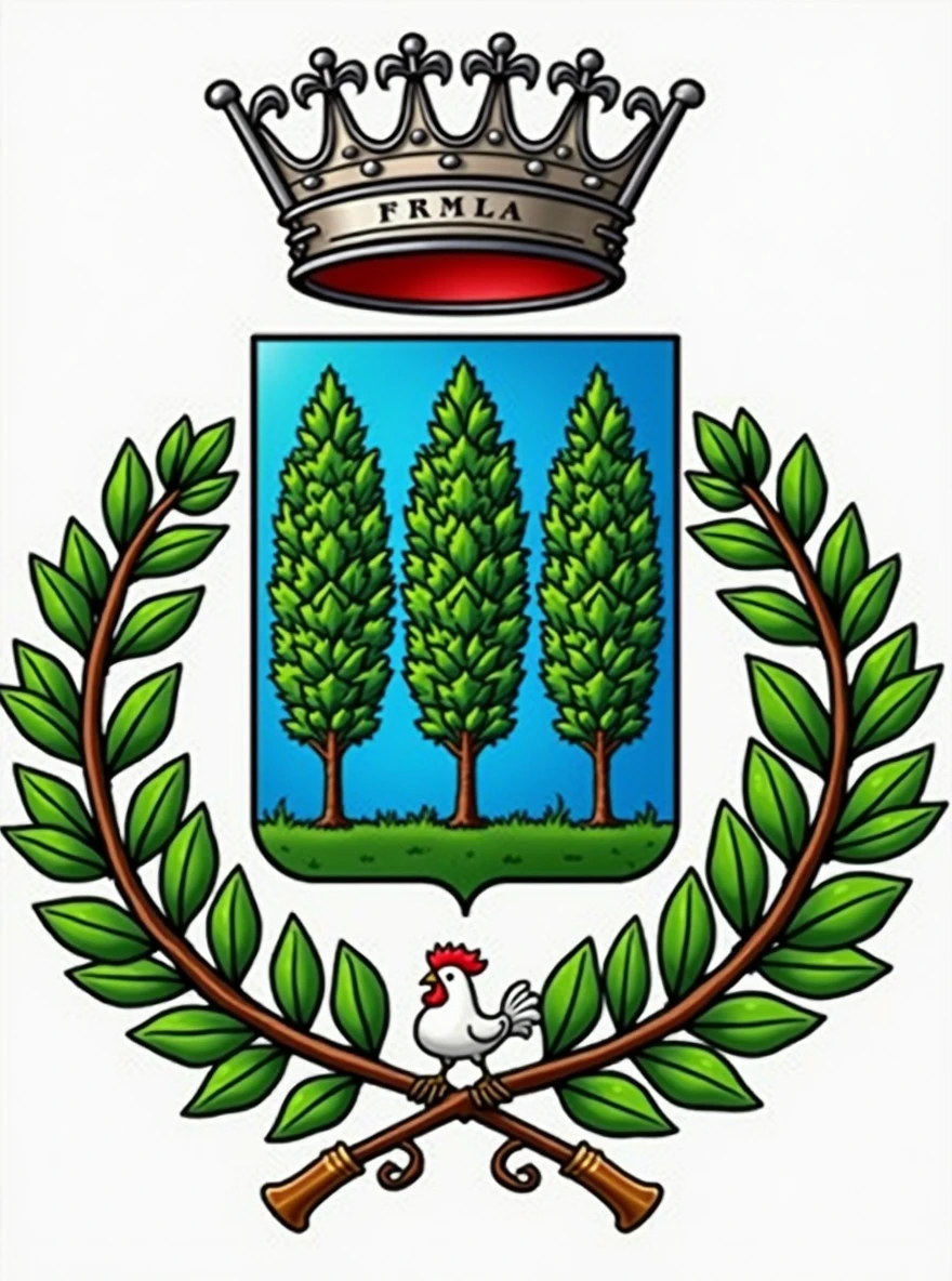 Enhance this coat of arms, adding a banner with the words MENOLI Family, a small image of an ox and an image of a white farm chicken with a red crest