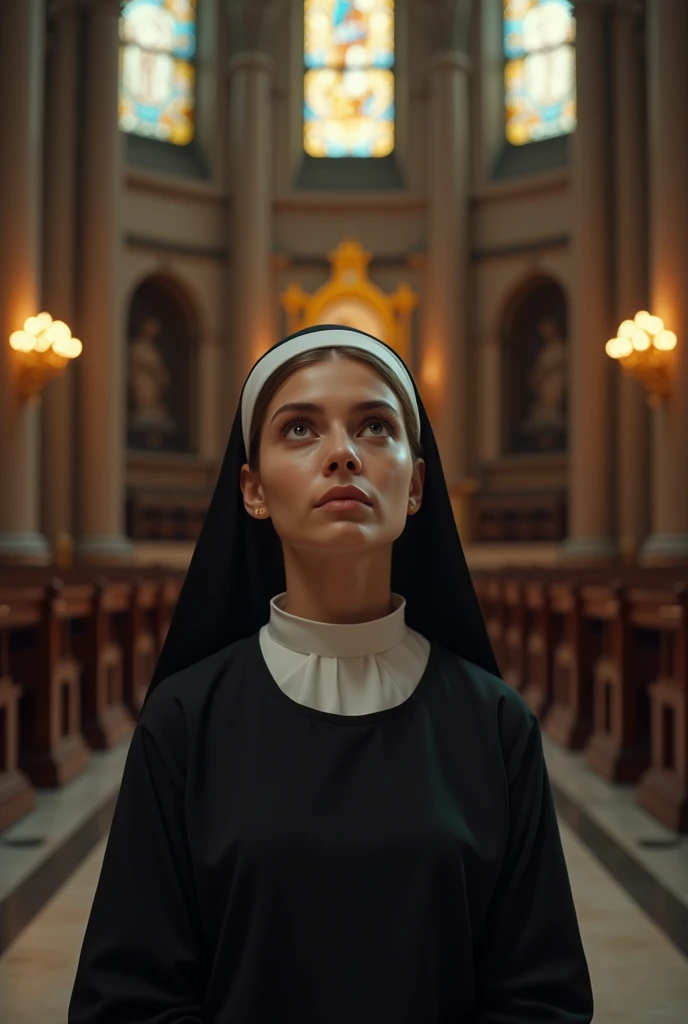 a young and beautiful nun, kneeling and looking up, at the altar of a chapel, shot from above, front of the body, (detailed face, extremely detailed eyes and face, high-quality, 8k, photorealistic, masterpiece:1.2), (close-up, high-angle shot), ornate cathedral interior, stained glass windows, warm lighting, serene atmosphere, religious, spiritual, devotion, contemplative