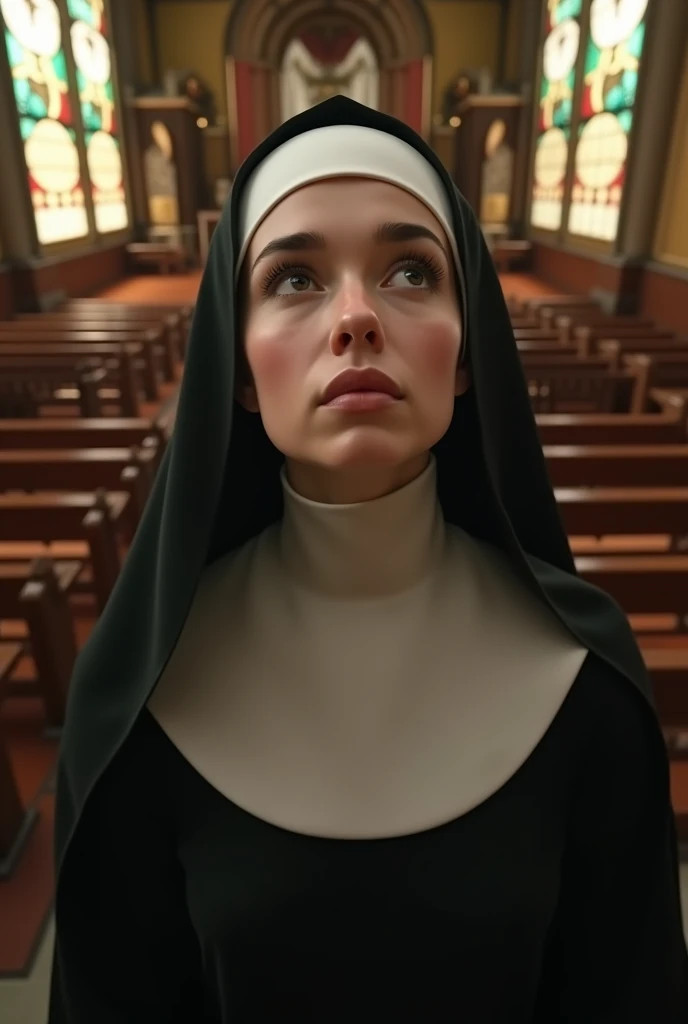a young and beautiful nun, kneeling and looking up, at the altar of a chapel, shot from above, front of the body, (detailed face, extremely detailed eyes and face, high-quality, 8k, photorealistic, masterpiece:1.2), (close-up, high-angle shot), ornate cathedral interior, stained glass windows, warm lighting, serene atmosphere, religious, spiritual, devotion, contemplative