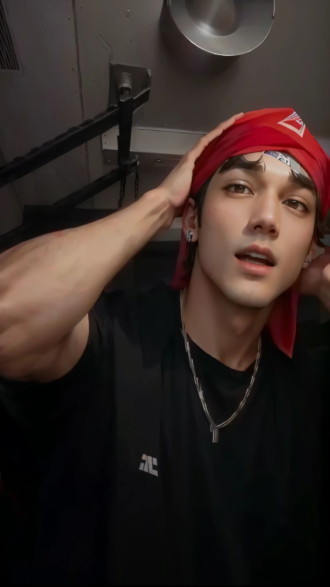 there is a man with a red bandana on his head, wearing a bandana and chain, wearing a red backwards cap, he‘s wearing a red neckerchief, bandana, with rap cap on head, red bandana, wearing a headband, red cloth around his shoulders, red headband, wearing the number 1 headband, youtube video screenshot, bandanas, handsome chad chin, taehyung, BTS, taehyung, Kpop, idol, BTS 