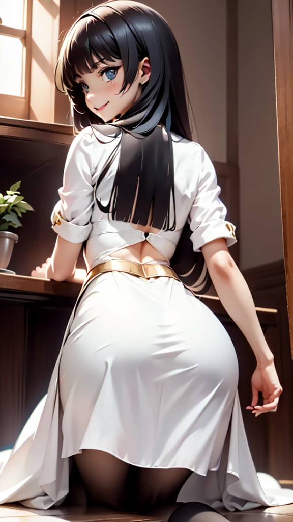 score_9, score_8_up, score_7_up, source_anime, 1boy, 1girl, high class mature female, mother and stepson , mature male, seductive smile, looking at viewer, The mother is on her knees, in front of stepson, white luxury dress, from behind, (focus on her hips), sitting on floor