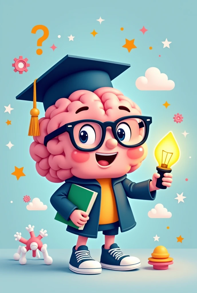 Draw an anthropomorphized brain character with a cute and friendly look, featuring large, bright, expressive eyes, a happy smile and wearing thick black rimmed glasses. The character must wear a dark blue graduation cap with a yellow detail on the top.. In the right hand, he holds a bright lamp with rays of light around it, symbolizing an idea, while in the left hand, he holds a closed green book with a detailed cover. The brain has a realistic texture, but stylized with pink tones and detailed curves. He must be wearing blue and white sneakers, with the image background having a light blue tone, decorated with gear elements, clouds, stars and a question mark, all in cartoon style.