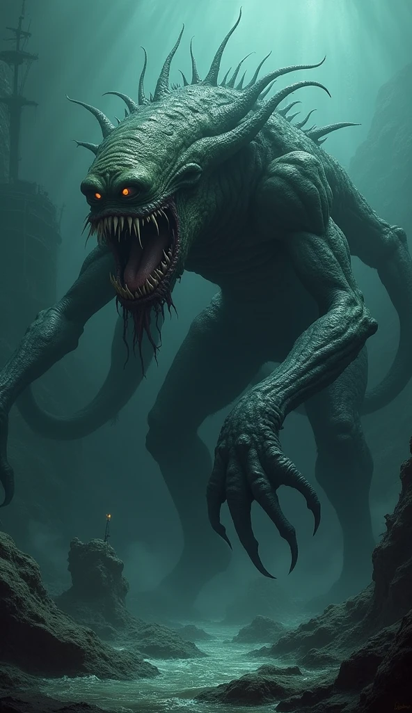 Create a realistic depiction of a monstrous creature that lives in the deep sea. This creature should be ancient, terrifying, and unsettling, with features that evoke a sense of primal fear and horror.

The monster's body is massive and grotesque, covered in a combination of slimy, wet-looking skin and patches of rough, scaly armor. Its form is twisted and unnatural, with a mix of features from various horrifying sea creatures. Its proportions are bizarre and disturbing, designed to evoke a deep sense of unease.

The creature's head is particularly horrifying, featuring multiple asymmetrically placed eyes that glow ominously in the dark. These eyes have a sickly, unnatural glow, adding to the creature's eerie look. Its mouth is filled with sharp, jagged teeth, partially open to reveal thick, viscous saliva that drips menacingly. Additional elements like spines, horns, or bioluminescent patches should emphasize its alien and terrifying nature.

One of the creature's most distinctive features is its numerous long, writhing tentacles or limbs. These appendages are covered in spikes, hooks, or suckers, moving fluidly in a way that is both hypnotic and deeply unsettling. Their movements should appear unnaturally smooth, adding to the creature's otherworldly and disturbing presence. The appendages vary in length and thickness, some extending far into the shadows, suggesting the creature's immense size.

The setting is a dark, deep-sea environment. The background should include elements like jagged rocks, sunken ships, and eerie marine flora, creating a sense of confinement and isolation. The environment should be cold and oppressive, with the creature's slimy skin reflecting the minimal light available. Shadows should play a significant role, obscuring parts of the creature to enhance its menacing presence.

Lighting should be minimal, using the weak glows from the creature's eyes and bioluminescent parts to create a dramatic and terrifying effect. The overall mood should