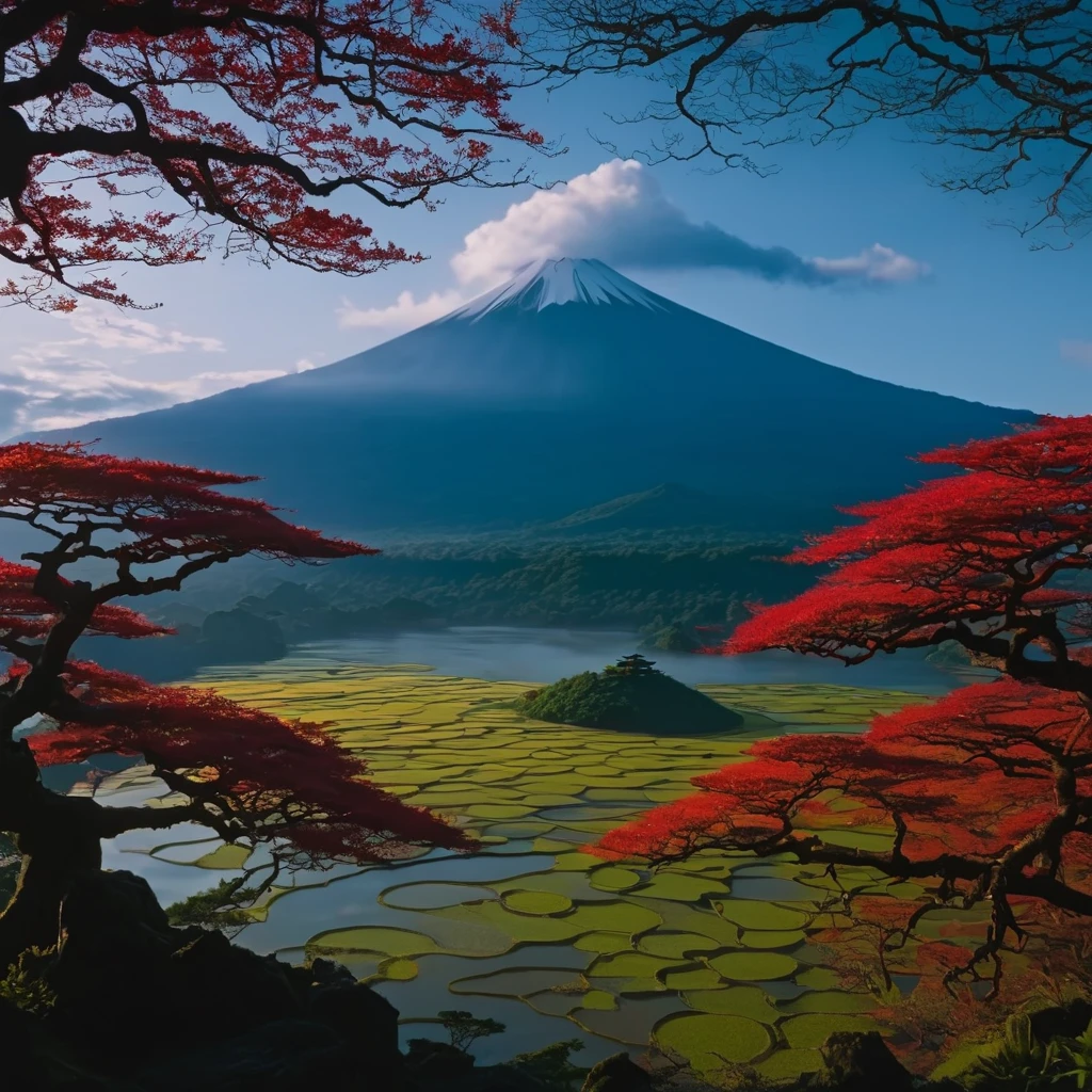 Island of the Gods, amazing scenery, golden to red otherworldly morning, mystical and serene feeling, brave, epic, good morning, ancient Japan, emerging from the darkness, wishing world peace. ((Best Quality, 8K, Masterpiece: 1.3))