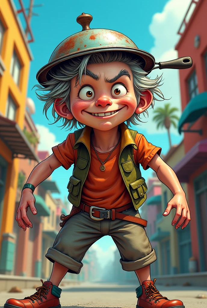 The Older Crazy Boy with a Pan on His Head in Comic