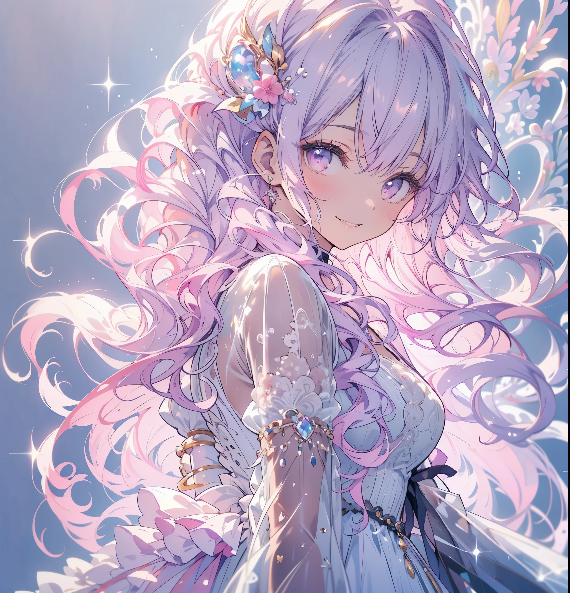 (masterpiece,Highest quality, Very detailed, beautiful, Exquisite, 16K, Full HD), ((smile,Happy:1.5)),get up,((Frills, Sparkling fluffy layered ball gown)), (Pink medium hair,Wavy Hair,Fluffy hair),(White skin,lavender eyes, Long eyelashes, Big eyes,Pale pink cheeks), (pastel colour,Fantasy art:1.2), (White Background:1.8),Facing forward,Upper Body,The body is facing forward.
