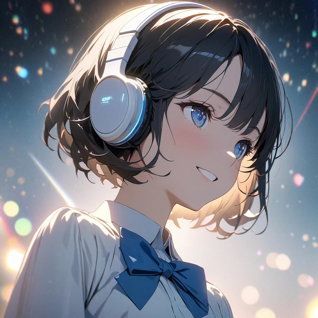 ((ultra-detailed))/one women, short black hair and bob hair.、beautiful blue eyes,.、smile、gentle smile on her face、flat chest, one Beautiful girl,((masterpiece, illustration, best quality) ((ultra-detailed))/solid white background,blank background, while wearing wireless white headphones, full upper body, white dress shirt, blue bowtie, no cut outs 濃い青とBeautiful Blueのグラデーション, High resolution, 8K HD detail, hyper-detail, cinematic, surrealism, soft light, deep field focus bokeh, ray tracing and surrealism. --v6