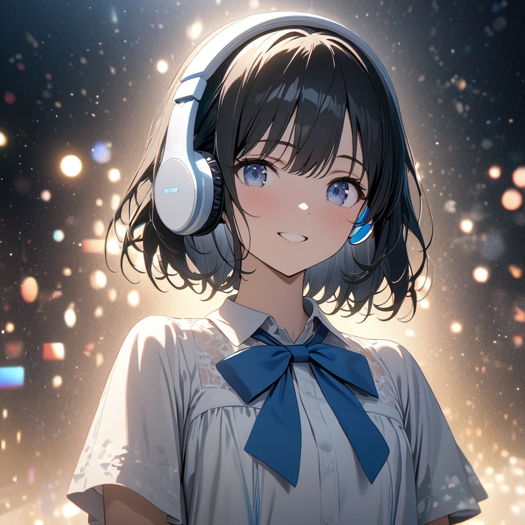 ((ultra-detailed))/one women, short black hair and bob hair.、beautiful blue eyes,.、smile、gentle smile on her face、flat chest, one Beautiful girl,((masterpiece, illustration, best quality) ((ultra-detailed))/solid white background,blank background, while wearing wireless white headphones, full upper body, white dress shirt, blue bowtie, no cut outs 濃い青とBeautiful Blueのグラデーション, High resolution, 8K HD detail, hyper-detail, cinematic, surrealism, soft light, deep field focus bokeh, ray tracing and surrealism. --v6