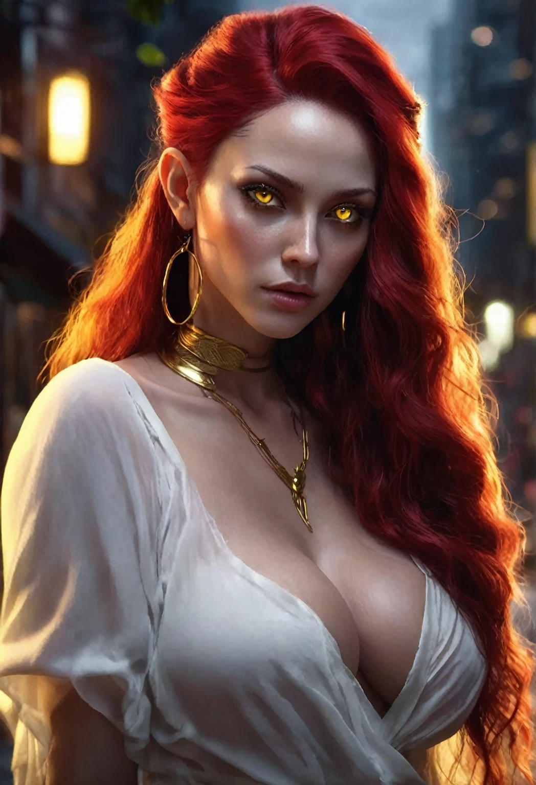 1 woman, inside a city at night, wearing a low-cut white blouse, feminine yellow eyes,, very black skin, BLACK detailed black skin, large breasts, hoops in her ears, long red hair, dramatic lighting, cinematic composition, dark palette, small elf ears, dark colors, atmospheric fog, thin chin, soft face, serious face, beautiful woman, adult woman, ultra realistic, adult woman (best quality, 4K, 8K, high-res, art: 1.2), ultra detailed (realistic, photorealistic, photorealistic: 1.37)