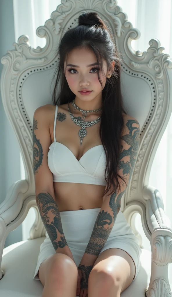 a beautiful young girl, 4k, ultra detailed, intricate tattoos, smoke, expressive beautiful face, long eyelashes, wearing a white crop and extra mini skirt white, wearing fantasy white high heels, sitting on a white throne, crossed legs, sexy, flawless makeup,shiny skin,young,
