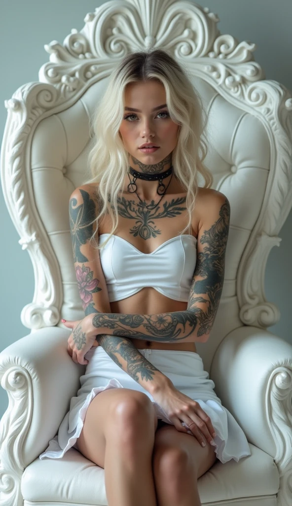 a beautiful young girl, 4k, ultra detailed, intricate tattoos, smoke, expressive beautiful face, long eyelashes, wearing a white crop and extra mini skirt white, wearing fantasy white high heels, sitting on a white throne, crossed legs, sexy, flawless makeup,shiny skin,young,