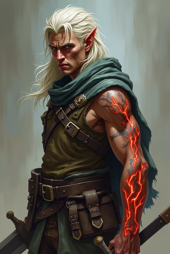 An elf from Eberron with almost white blond hair, a scar over his left eye, wearing an explorer's outfit, wielding a beautiful sword, and on his left shoulder a tattoo of shadows, and his right arm is all black with magical veins that glow red.