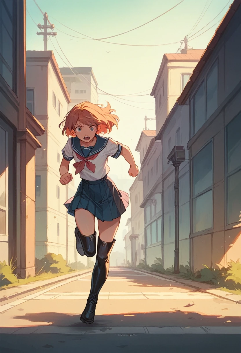 Girl in lace up thigh-high boots, school uniform, running