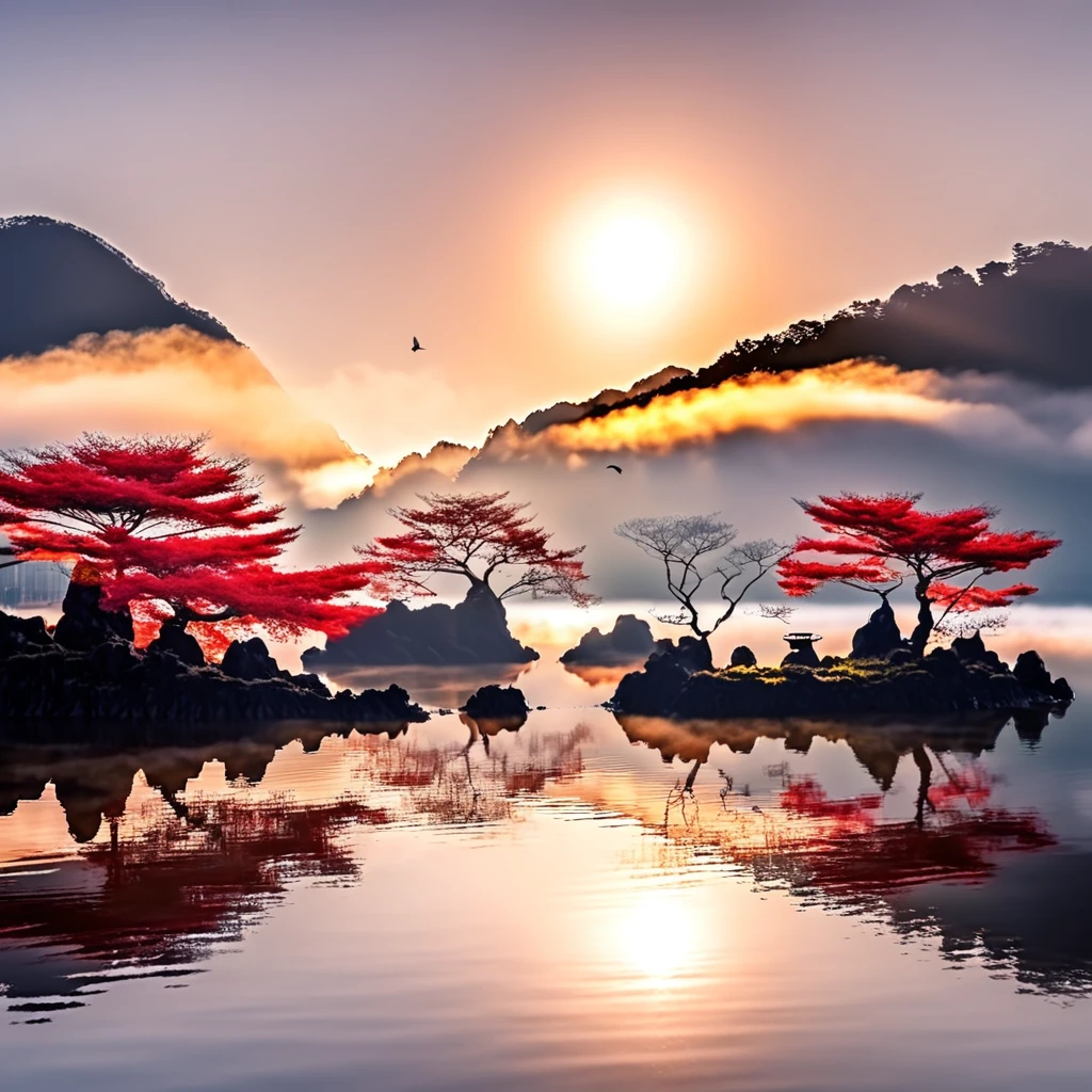 Island of the Gods, amazing scenery, golden to red otherworldly morning, mystical and serene feeling, brave, epic, good morning, ancient Japan, emerging from the darkness, wishing world peace. ((Best Quality, 8K, Masterpiece: 1.3))