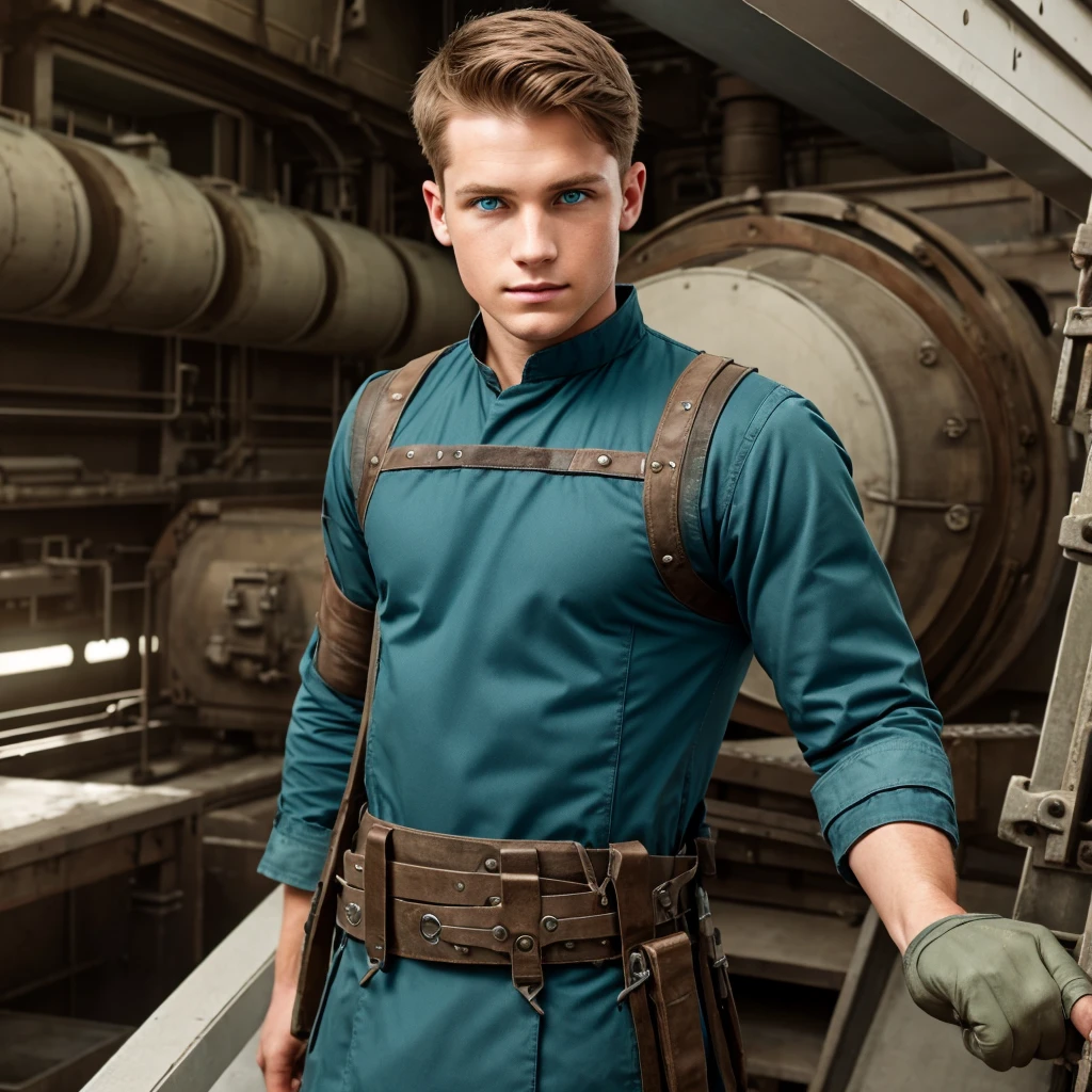 Machinist wearing a combat tunic, making a huge steamship. Male, young adult, green blue eyes, light brown hair.