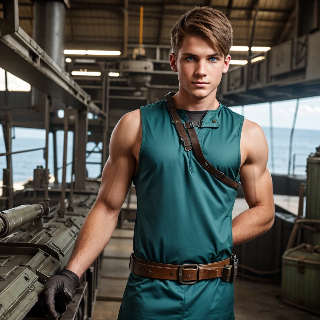 Machinist wearing a combat tunic, making a huge steamship. Male, young adult, green blue eyes, light brown hair.