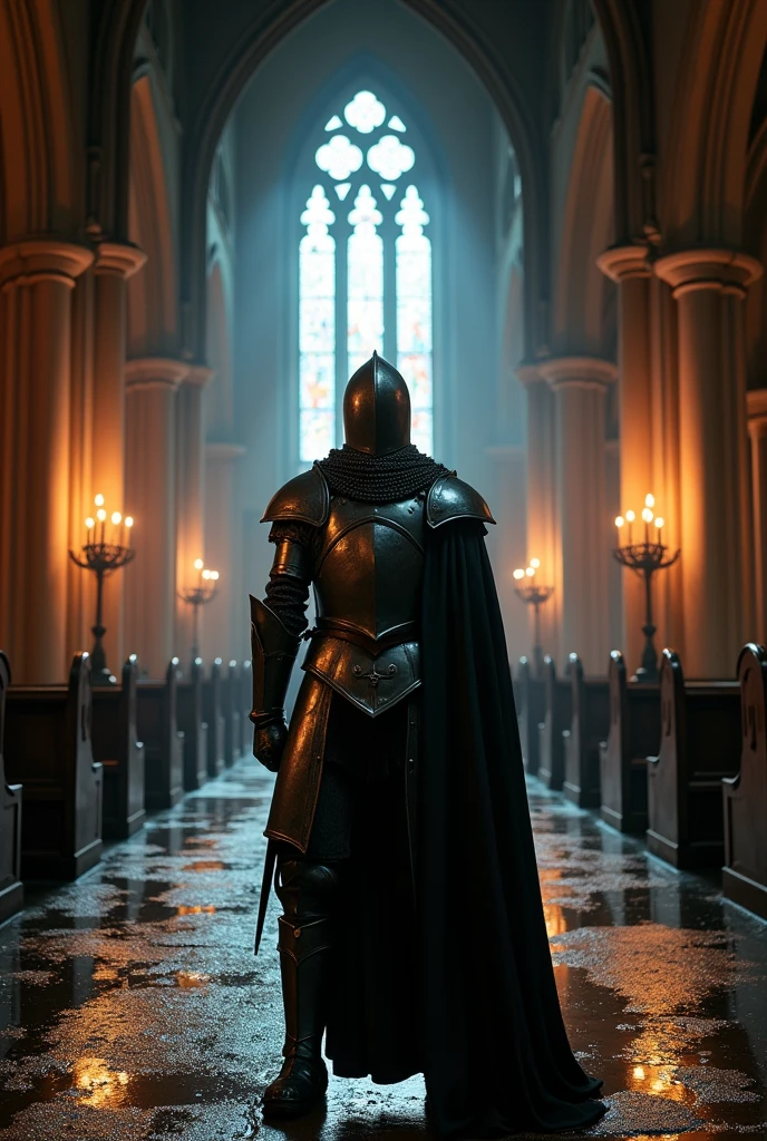 fisheye lens, portrait photo of medieval knight standing inside a gothic church, wet stone, puddles, infinite vaults, bloodborne, dramatic light, low key, candle light