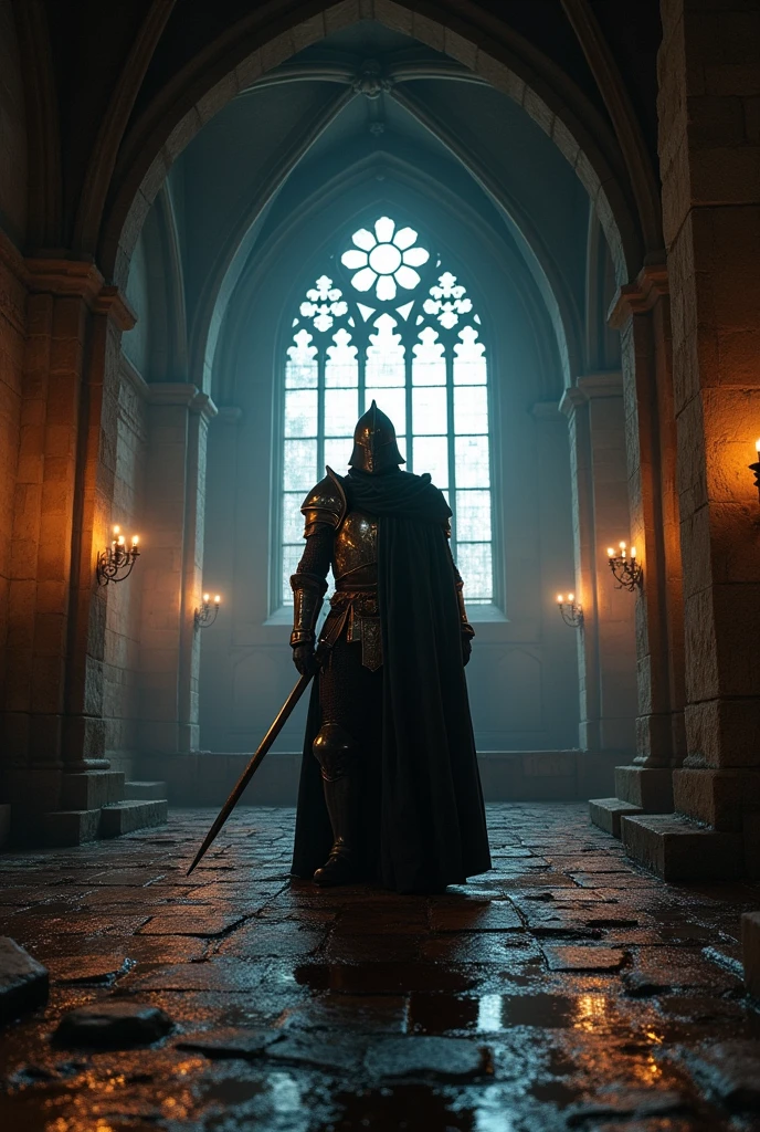 fisheye lens, portrait photo of medieval knight standing inside a gothic church, wet stone, puddles, infinite vaults, bloodborne, dramatic light, low key, candle light