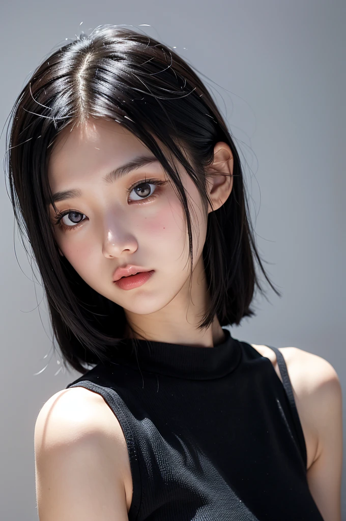 18 year old girl , Japanese short black hair , eyes black , white background