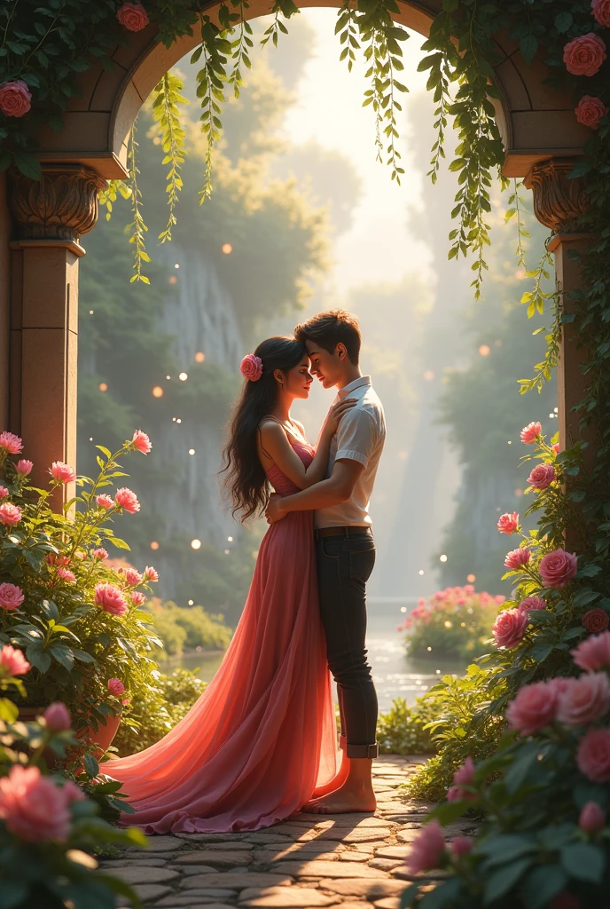 Create a video game-like image of a young man and woman in love in a fantasy garden