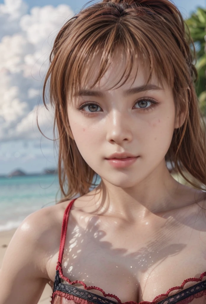 Kasumi, brown eyes, (best quality, ultra detail), (realistic:1.37), beautiful and detailed face, ultra-realistic texture, Delicate face, delicate body, red lipstick, bright colors. high definition, 8K. a soft. red lipstick, lip gloss.