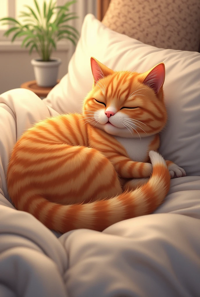 An orange cat lying in a bed