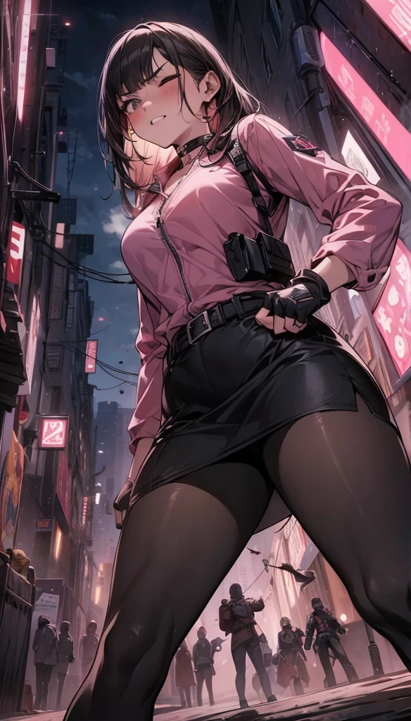 {{Grit your teeth:1.4}},,{{v-shaped eyebrows}},Bad mood,blush,Sweat,raise one's eyebrows,{{Very slim legs:1.4}},{{hold your stomach with one hand:1.8}},{{standing on one knee:1.6}},{{knee up:1.6}},{{Hold one hand on the side of the body:1.6}},Hold the arm with one hand,Dynamic composition,dutch angle,from below,from side,solo,170cm tall female, theatrical animation style,{{Black pantyhose:1.2}}, Power Rangers pre-transformation heroine,{{Futuristic zip-up police shirts with collar}}, Long-sleeved shirt with rolled-up arms,{{Pink-based shirt:1.6}},pink shirt,BLACK PENCIL SKIRT, BLACK SKIRT,,{{small face:1.8}},{{Grit your teeth:1.4}},{{fighting stance:1.6}}{{fight:1.6}}{{masterpiece}}, {{{Highest quality}}},{{Very detailed}},{{Pain ,Suffering}},one eye closed,{{critical situation:1.6}},{}},1girl,30years old,{Mature Woman}},{{}}、black fingerless gloves,Bad mood,profound,Beautiful thighs,clavicle、chest holster,BLACK Long Hair,Blunt bangs,Alley,Black Choker,belt,heavy breathing