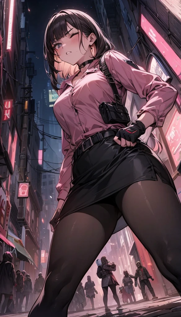 {{Grit your teeth:1.4}},,{{v-shaped eyebrows}},Bad mood,blush,Sweat,raise one's eyebrows,{{Very slim legs:1.4}},{{hold your stomach with one hand:1.8}},{{standing on one knee:1.6}},{{knee up:1.6}},{{Hold one hand on the side of the body:1.6}},Hold the arm with one hand,Dynamic composition,dutch angle,from below,from side,solo,170cm tall female, theatrical animation style,{{Black pantyhose:1.2}}, Power Rangers pre-transformation heroine,{{Futuristic zip-up police shirts with collar}}, Long-sleeved shirt with rolled-up arms,{{Pink-based shirt:1.6}},pink shirt,BLACK PENCIL SKIRT, BLACK SKIRT,,{{small face:1.8}},{{Grit your teeth:1.4}},{{fighting stance:1.6}}{{fight:1.6}}{{masterpiece}}, {{{Highest quality}}},{{Very detailed}},{{Pain ,Suffering}},one eye closed,{{critical situation:1.6}},{}},1girl,30years old,{Mature Woman}},{{}}、black fingerless gloves,Bad mood,profound,Beautiful thighs,clavicle、chest holster,BLACK Long Hair,Blunt bangs,Alley,Black Choker,belt,heavy breathing