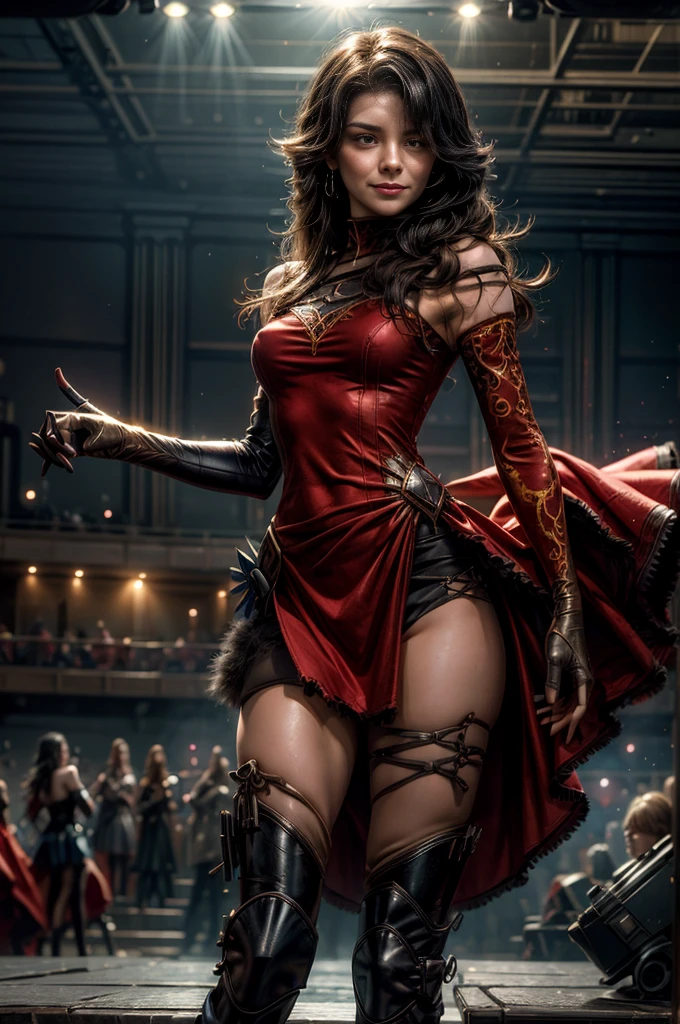 (masterpiece, best quality:1.2), cowboy shot, solo, 1girl, cinder fall, evil smile, looking at viewer, long hair, red dress, elbow gloves, pantyhose, future_urban, standing in theater, orchestra, audience, crowd, (volumetric lighting), intricate details, tonemapping, sharp focus, hyper detailed 