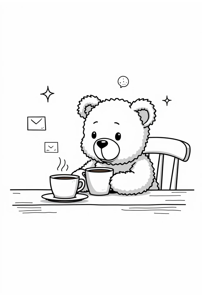 A cute little teddy bear sitting at the kitchen table and drinking coffee.
I want a black and white coloring page without any shading, just very thick lines that any child can color