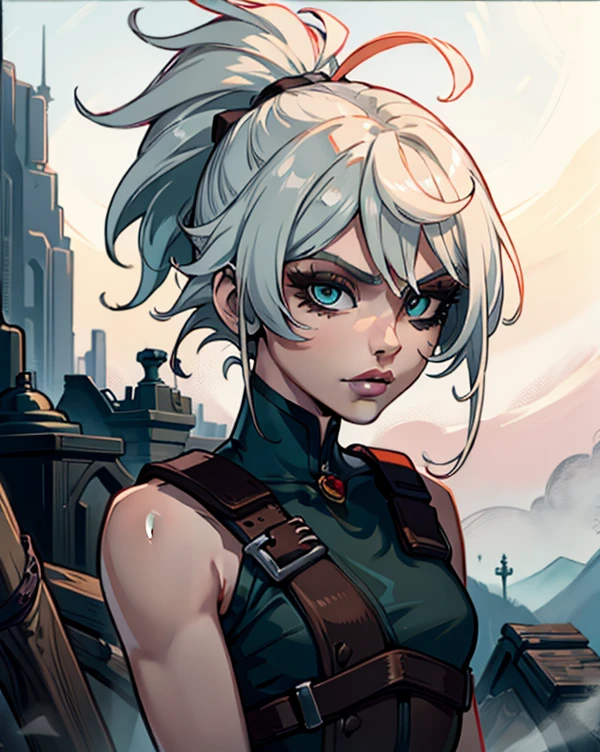 (Masterpiece:1.2), best quality, riven \(league of legends\), 1girl, folded ponytail, short dress, coreset, single pauldron, white hair, black eyeshadow, bare shoulders, upper body, face potrait, detailed, beautiful