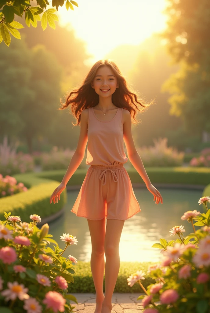 a cute girl rise up early in the morning and he is standing in garden 