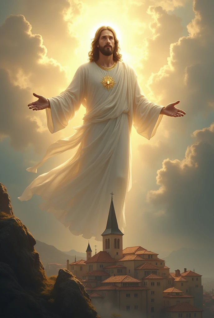 Create an image of Jesus looking down on a city from the sky, A little city, with a v-shaped church